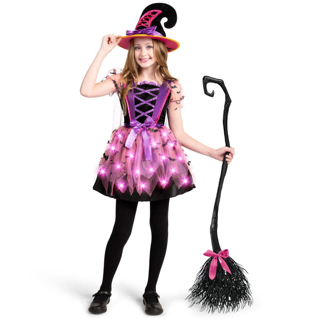 Spooktacular Creations Girls Light Up Witch Costume, Kids Witch Costume with Hat and Broom for Toddler Halloween Dress Up Parties (Small (5-7 yr))