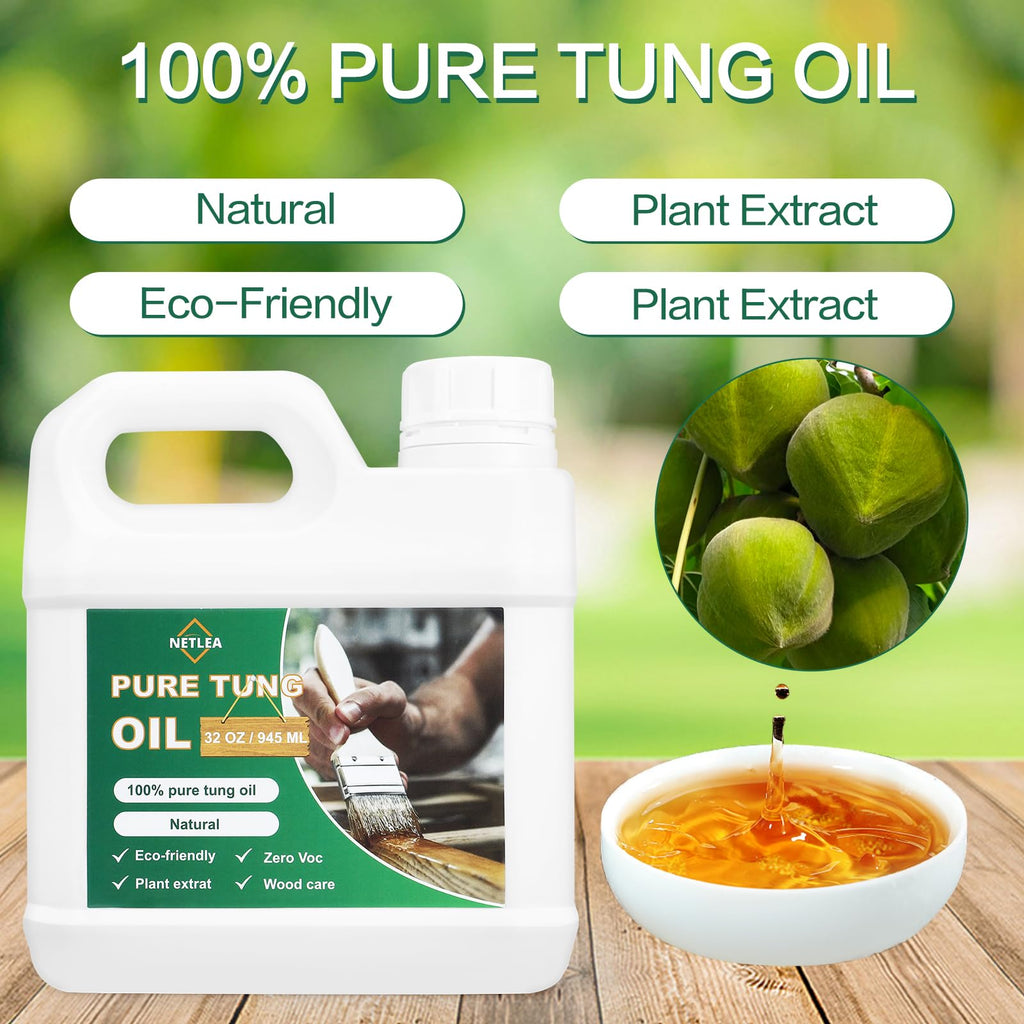 Netlea 32OZ 100% Pure Tung Oil for Wood–Food Safe Wood Oil for Indoor & Outdoor Use, Ideal for Furniture, Floors, Countertops & More – Includes Soft Towel