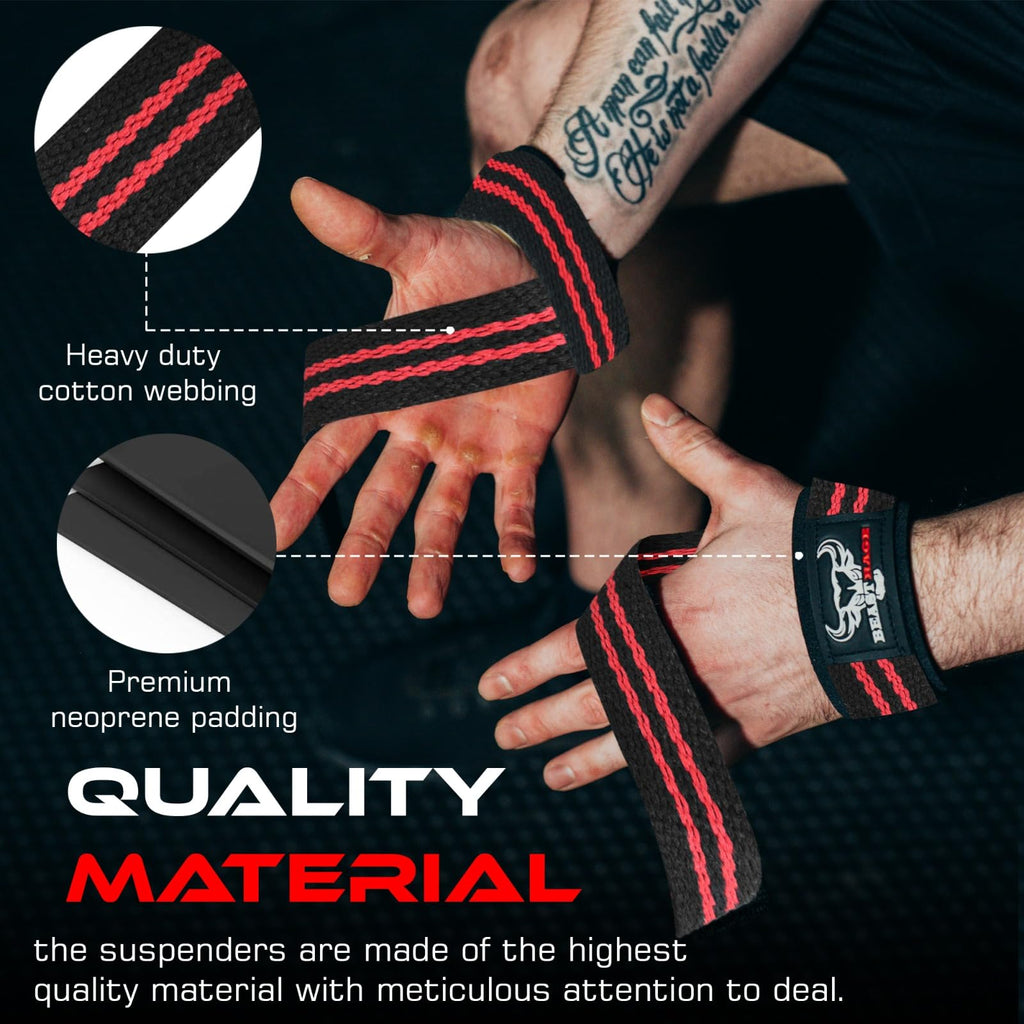 BEAST RAGE Lifting Wrist Straps for Weightlifting, Straps Gym Grip Power Workouts Lifting Straps Padded Cotton Men Women Wrap Lift, Deadlift Bodybuilding Weight Lifting Exercise Straps (Black/Red)