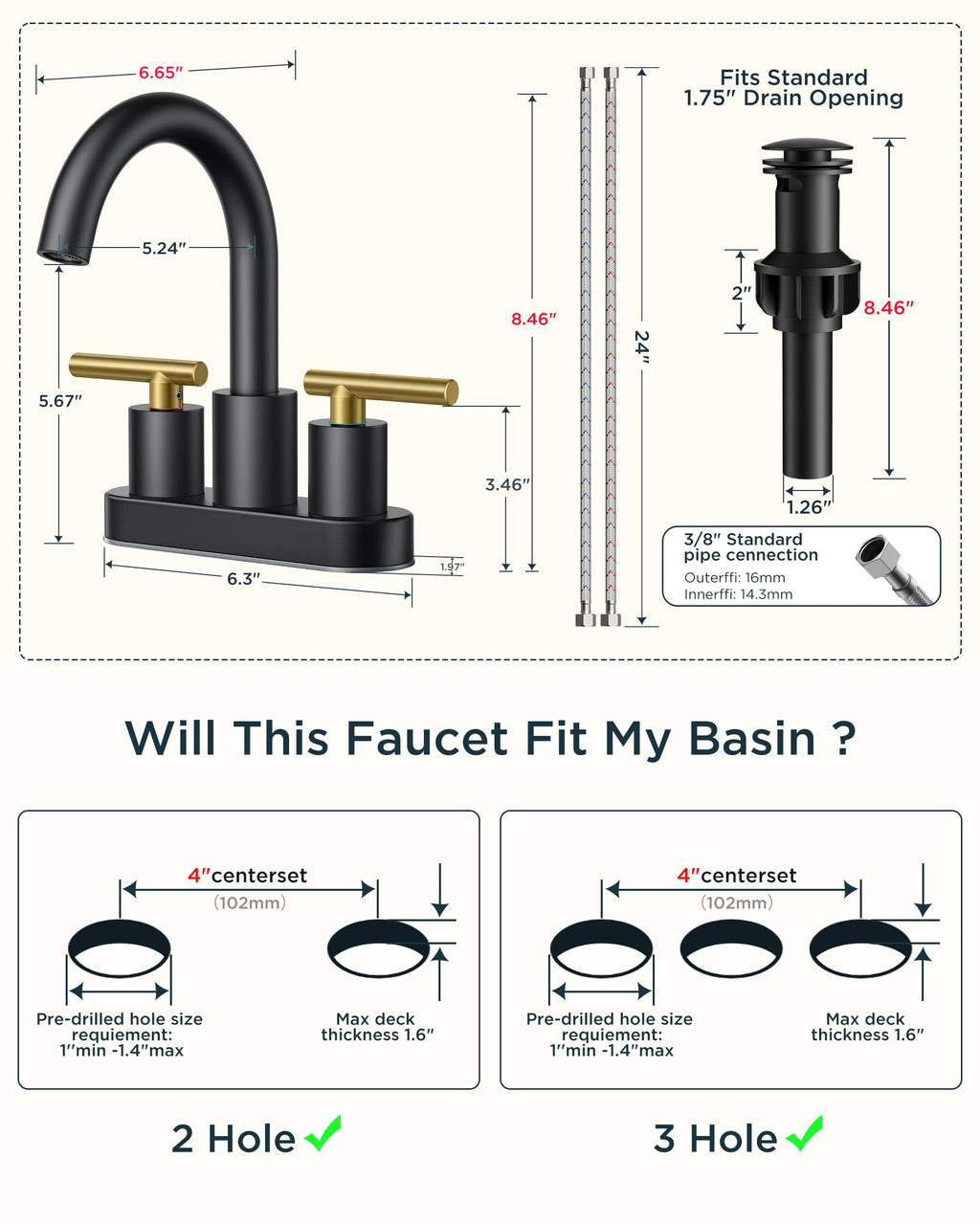 FORIOUS 4 in Black and Gold Bathroom Faucet Centerset, 2 Handle Matte Black Swivel Faucet for Bathroom Sink 2 or 3 Hole with Pop up Drain and cUPC Supply Hose, Suitable for Vanity RV Restroom