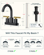 FORIOUS 4 in Black and Gold Bathroom Faucet Centerset, 2 Handle Matte Black Swivel Faucet for Bathroom Sink 2 or 3 Hole with Pop up Drain and cUPC Supply Hose, Suitable for Vanity RV Restroom