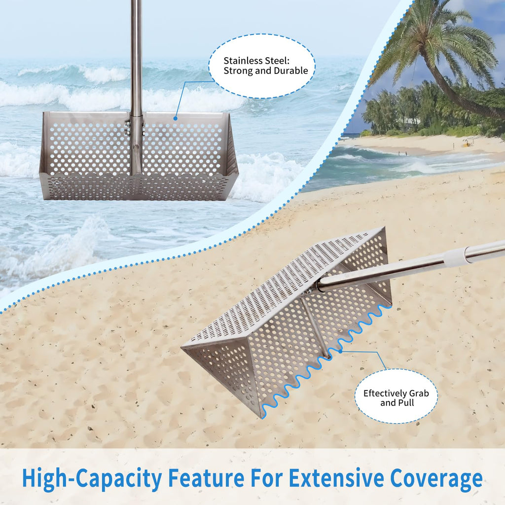 LTSEAME Sand Flea Rake, Detachable Long Handle Sand Sifter for The Beach, The Shark Tooth Screen Comes with a 16in Wide Drain Screen
