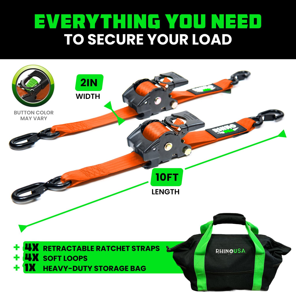 Rhino USA Retractable Ratchet Straps (4-Pack) - 2 Inch x 10 Feet (3,033lb Break Strength) - Heavy Duty Auto Self Retracting Tie Down Straps for Truck, Cargo Trailer, Motorcycle, Rad & More - Orange