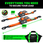 Rhino USA Retractable Ratchet Straps (4-Pack) - 2 Inch x 10 Feet (3,033lb Break Strength) - Heavy Duty Auto Self Retracting Tie Down Straps for Truck, Cargo Trailer, Motorcycle, Rad & More - Orange