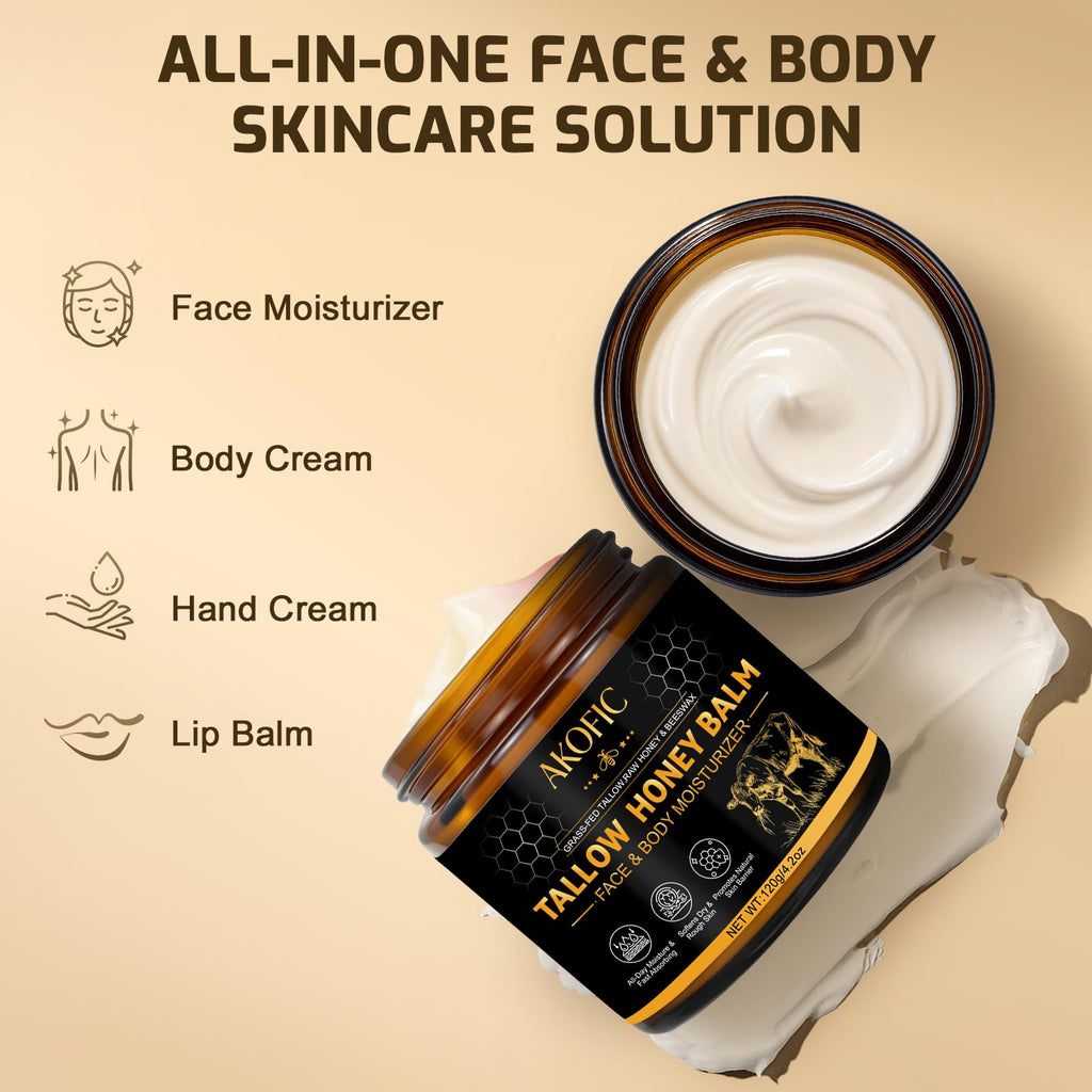 AKOFIC Beef Tallow for Skin, Tallow and Honey Balm, Organic Grass-Fed Beef Tallow for Face with Raw Honey and Beeswax, Body & Face Moisturizer for Dry/Sensitive Skin, Natural Formula, Light Scent