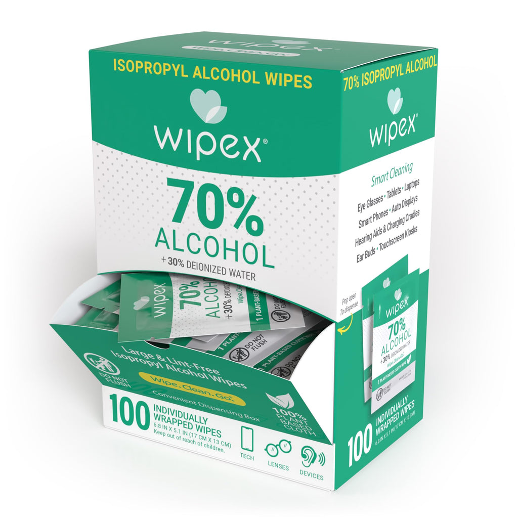 Wipex 70% Isopropyl Alcohol Wipes - Individually Wrapped Sachets, Electronic & Tech Wipes in Dispensing Box, 100 Count (Pack of 1)