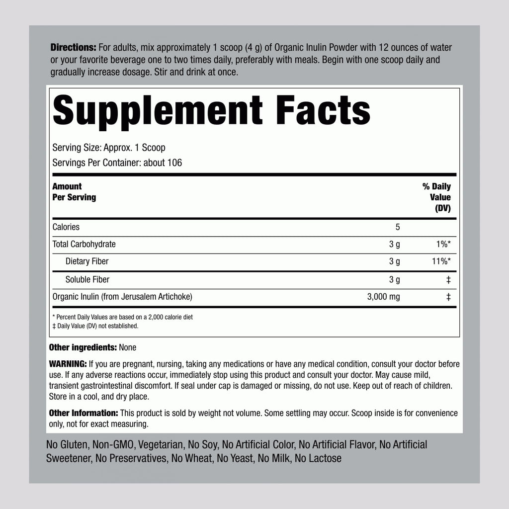 Piping Rock Organic Inulin Powder | 15 oz | Soluble Fiber Supplement