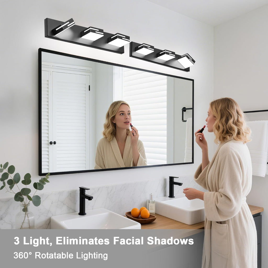 LKHF LED Modern Bathroom Vanity Light Fixtures, Dimmable Matte Black Vanity Lights for Bathroom Lighting Fixtures Over Mirror, with 360° Rotatable Acrylic Heads 3-Light 22-inch (Cool White 6000K)