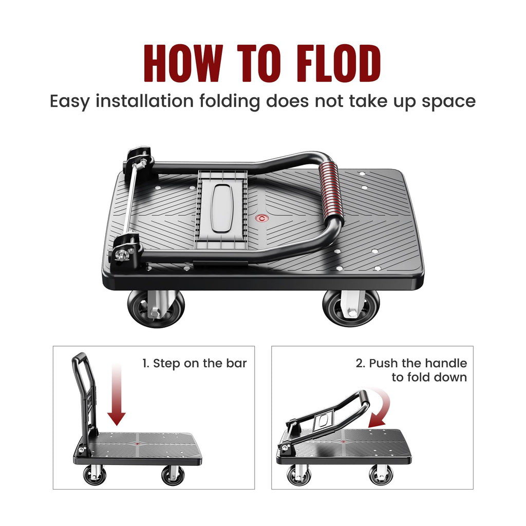 TIDY PALM Upgraded Foldable Push Cart Dolly | 660 lbs.Capacity Moving Platform Hand Truck | Foldable for Easy Storage | 4'' PU 360 Degree Swivel Silent Wheel-Black