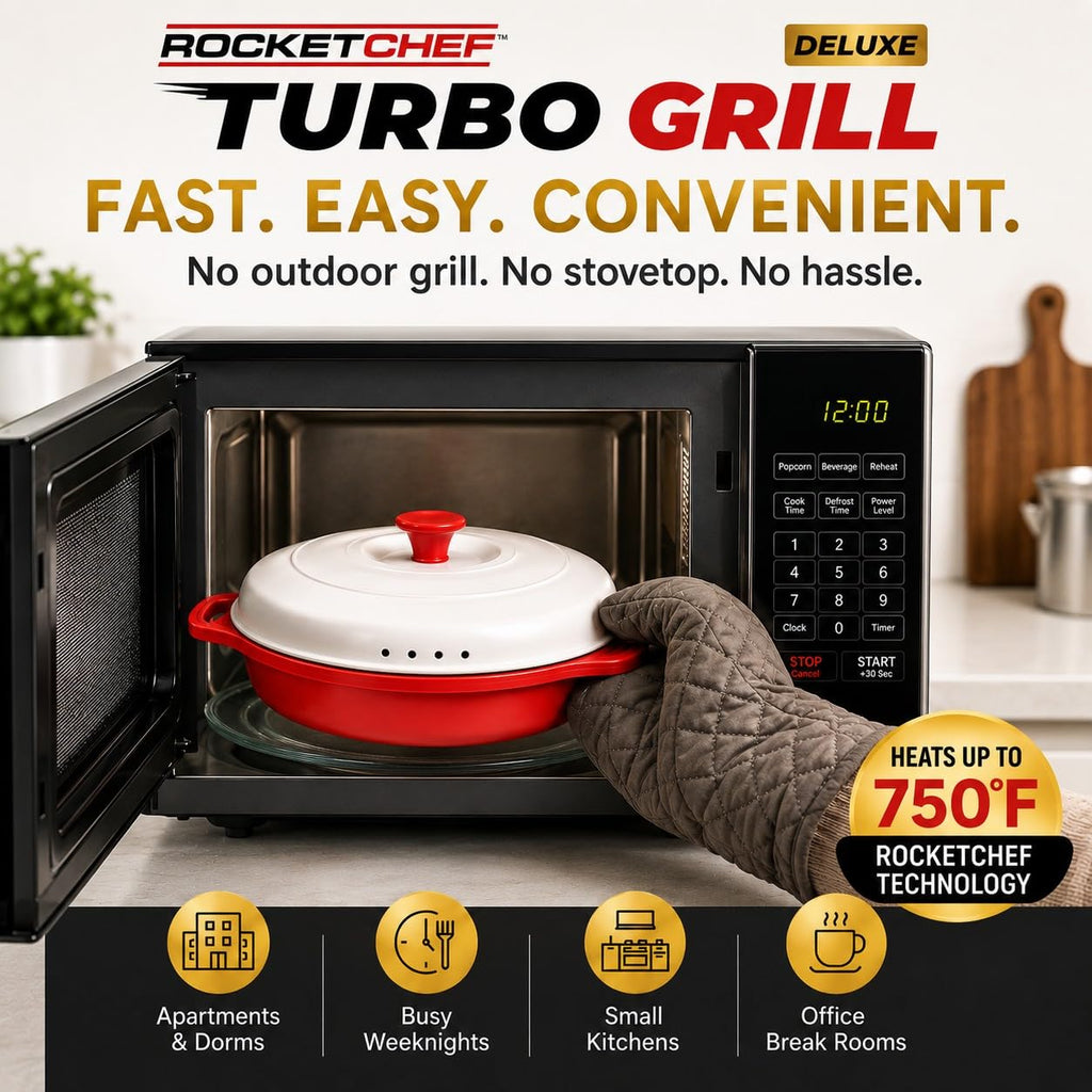 Rocket Chef Turbo Grill Deluxe Microwave Grill Pan, Vented Lid, Red