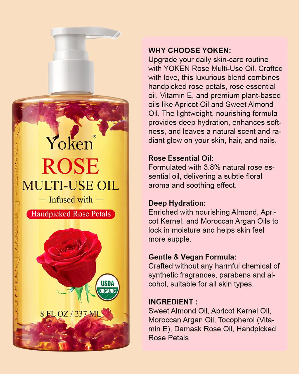 Multi-Used Body Oil For Skin USDA Certified,Face,Hair and Nails,Multi Purpose Organic oil With Rose Petals,Vitamin E & Almond Oil Nourishing & Hydrating ,Body Oil for Moisture & Skin After Bath Oil