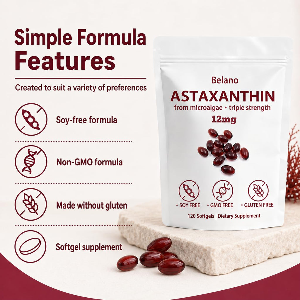 BELANO Nuvapure Astaxanthin12mg，Easy to Swallow, Non-GMO，4-Month Supply，120 Softgels