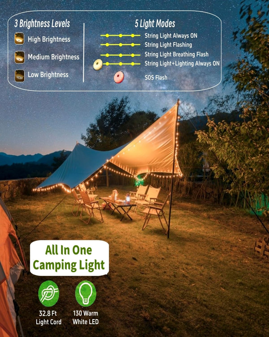 Solar Camping String Lights, 32.8 FT Fairy String Light, 4 in 1 Portable Waterproof Camp LED Lamp with 8 Lighting Modes, Hanging Rechargeable Tent Lantern for Outdoor Garden Patio Party Essentials