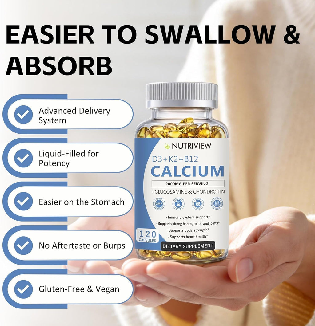 NutriView Calcium 2000mg with D3 & K2, High Absorption, Non-GMO, 120 Softgels