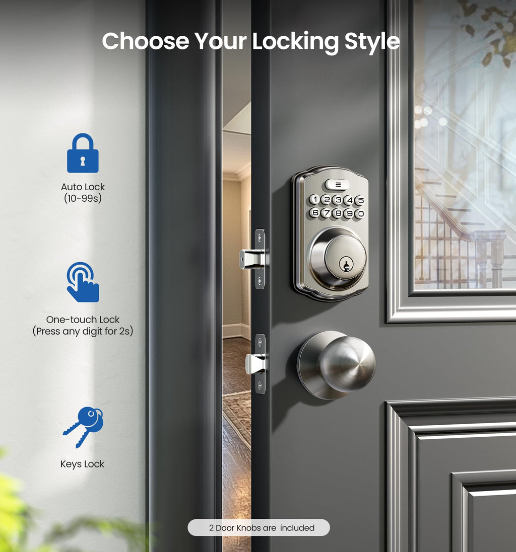 Veise Keyless Entry Door Lock with 2 Knobs, Electronic Backlit Keypad Deadbolt with Handle Set, Auto Lock, One-time Codes, Smart Deadbolt for Front Door, Easy Installation, Satin Nickel