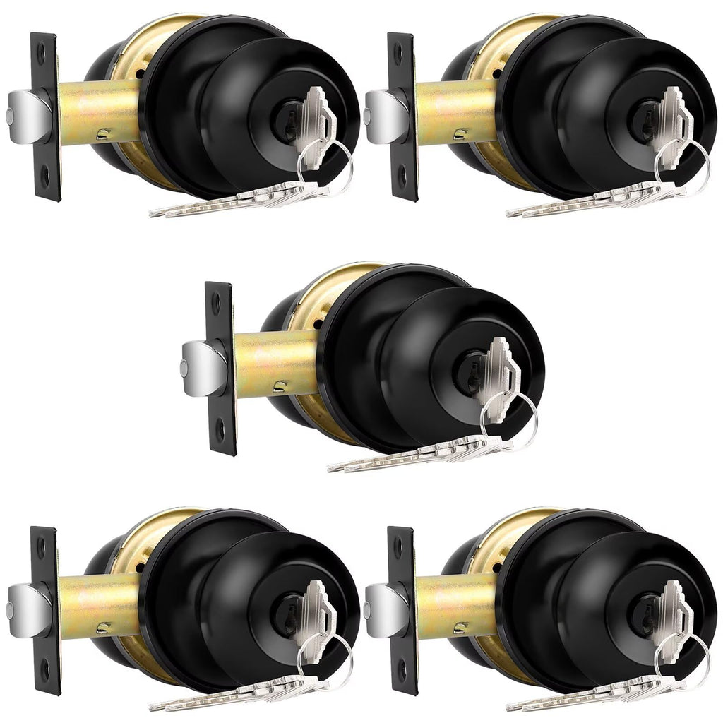 Probrico Black Door Knob Exterior Door Knobs with Lock, Keyed Alike Door Locksets for Front Door, Interior Door Lock with Ball Knob, Black Finished, 5 Pack
