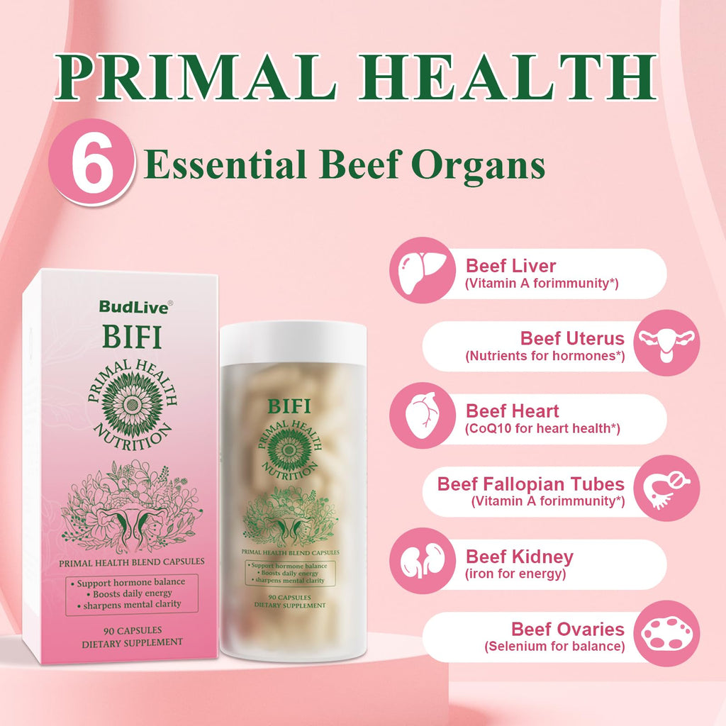 BudLive Beef Organ Supplement for Women – 100% Grass-Fed & Pasture Raised [Ovary, Liver, Spleen, Kidney & Heart] Primal Nutrition for Hormone Support, Energy & Wellness, 90 Capsules