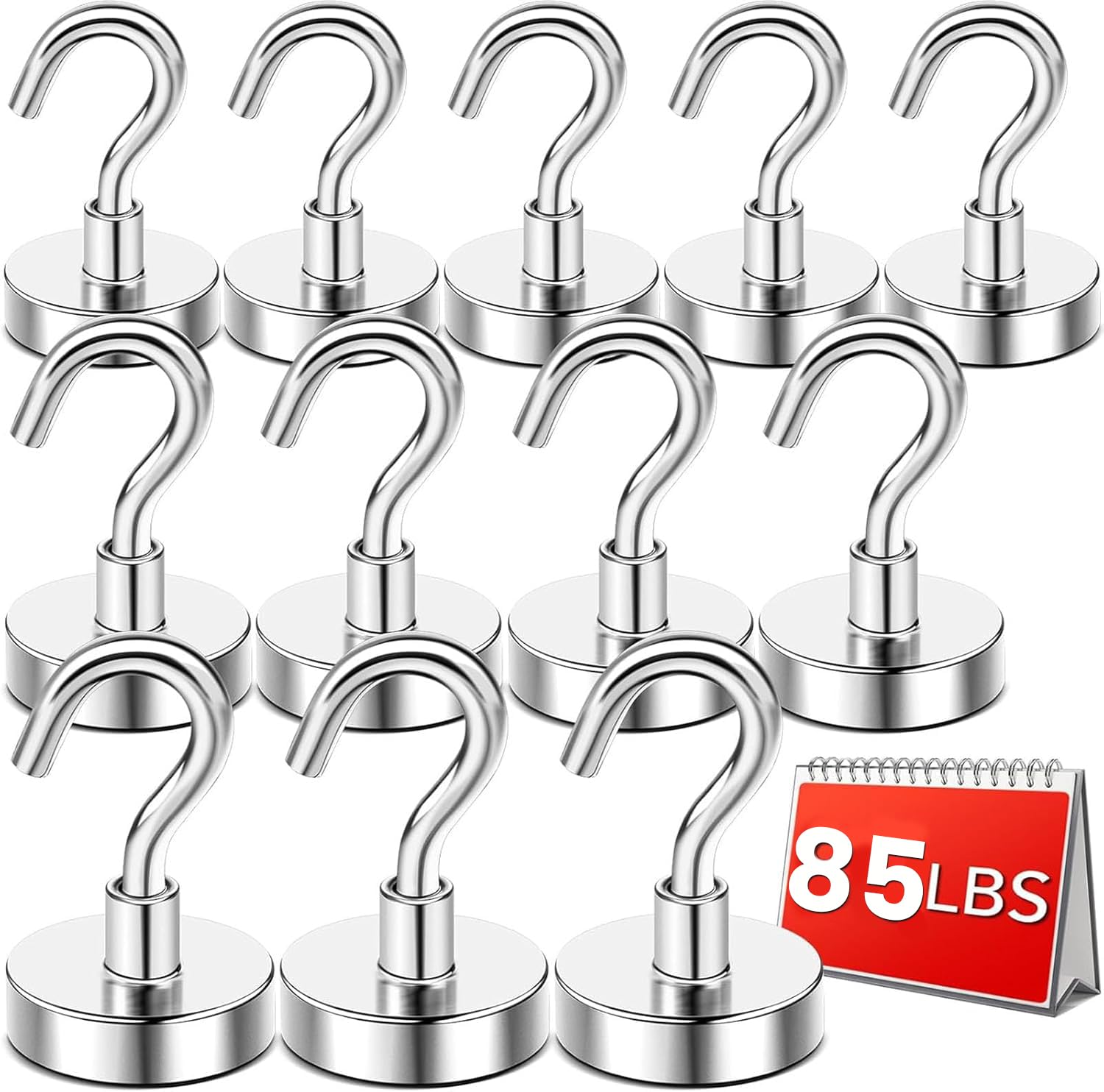 DIYMAG Magnetic Hooks Heavy Duty, 85 LBS Neodymium Magnet Hooks for Home, Kitchen, Workplace, Office, Garage and Indoor Hanging, Silver, Pack of 12