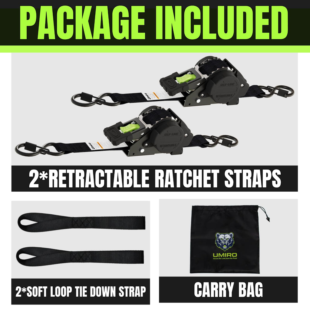 Retractable Ratchet Straps 1''x 12ft Heavy Duty Tie Downs Bolt on Auto Retract Ratchet Strap 1760lb Break Strength Self Retracting for Truck,Cargo,Trailer,Motorcycle,ATV,UTV (Black-Green,2 Pack)