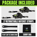 Retractable Ratchet Straps 1''x 12ft Heavy Duty Tie Downs Bolt on Auto Retract Ratchet Strap 1760lb Break Strength Self Retracting for Truck,Cargo,Trailer,Motorcycle,ATV,UTV (Black-Green,2 Pack)