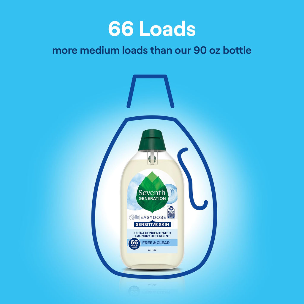 Seventh Generation Ultra Concentrated Free & Clear Laundry Detergent, 23.1 fl oz, 2 Pack, No Dyes or Fragrance, EasyDose Cap, Sensitive Skin Liquid Laundry Soap Targets Stains and Everyday Messes