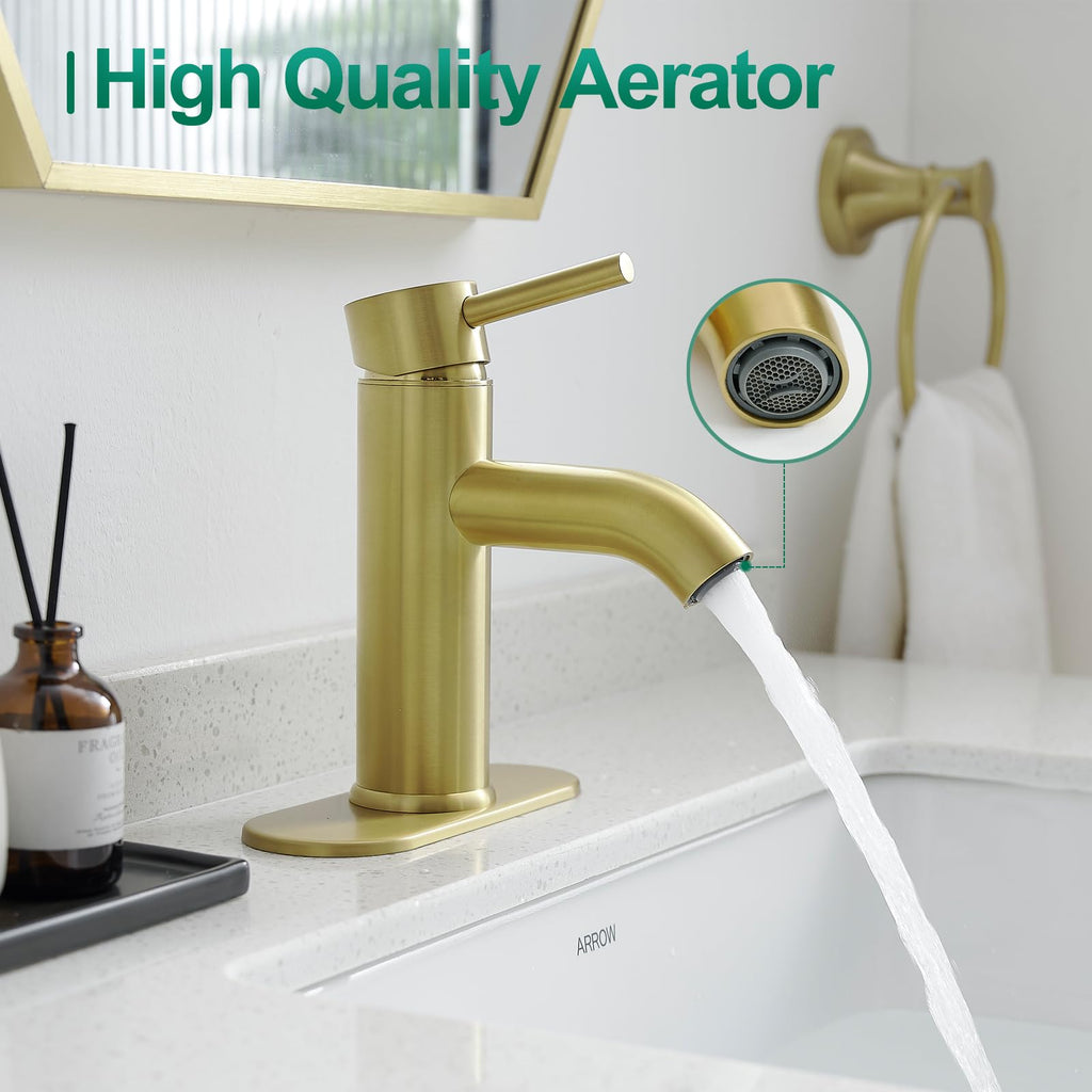 Brushed Gold Bathroom Faucets, Modern Single Hole Lavatory Vanity Faucet, Single Handle Bathroom Sink,Faucet, Faucet for Bathroom Sink with Deck Plate and Supply Hoses