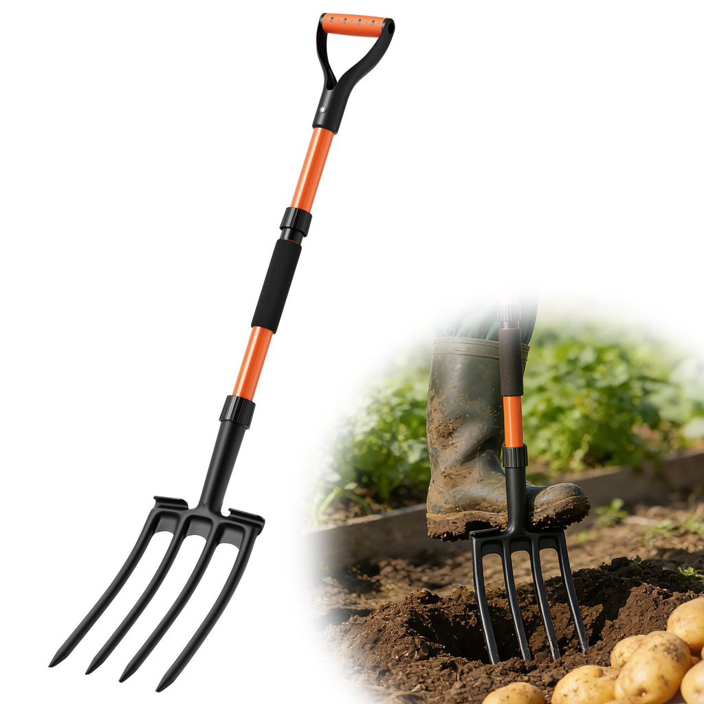 Garden Fork for Digging, 4-Tine Pitch Fork with Foot Step, Ergonomic Y-Handle & Comfortable Grip, Lightweight Durable Pitchfork for Soil Loosening, Compost, Mulch, Weeding & Potato Harvest - 43 Inches