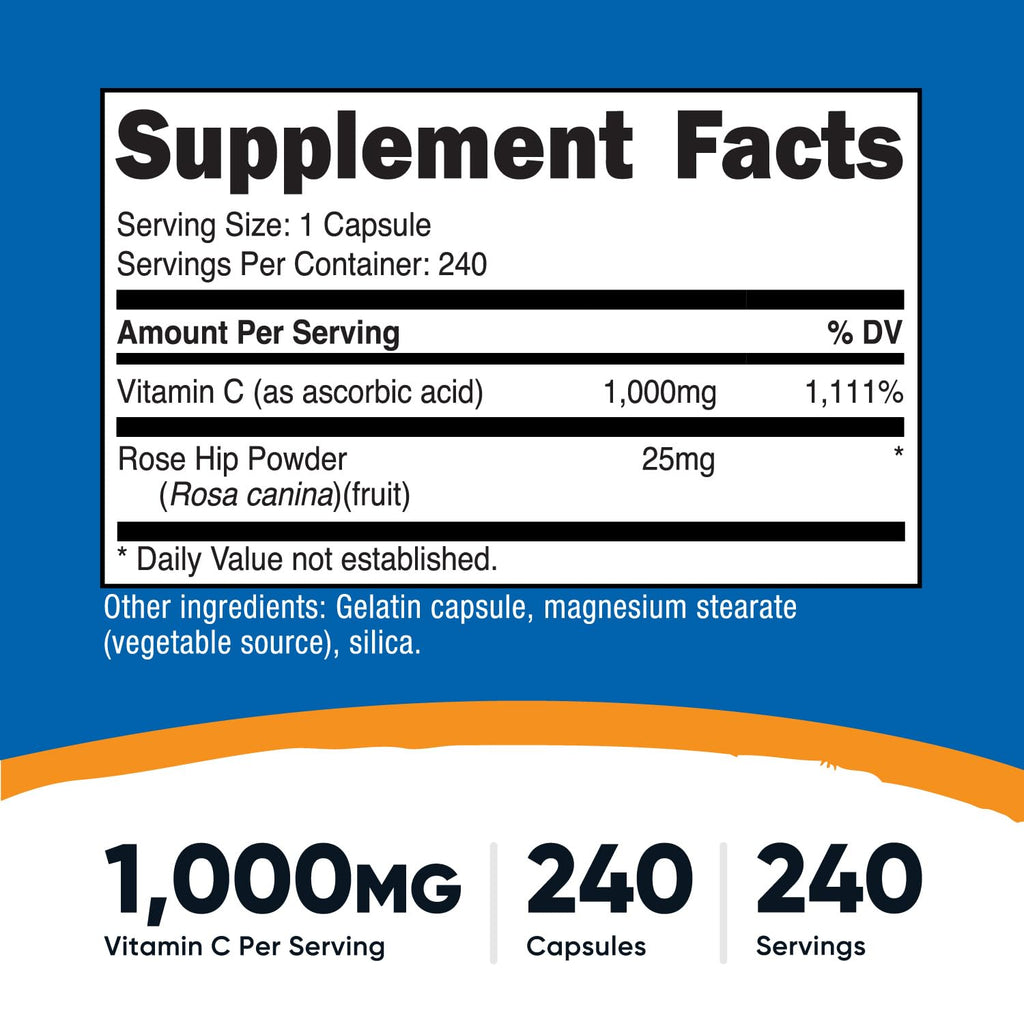 Nutricost Vitamin C with Rose HIPS 1025mg, 240 Capsules - Vitamin C 1,000mg, Rose HIPS 25mg, Premium, Non-GMO, Gluten Free Supplement