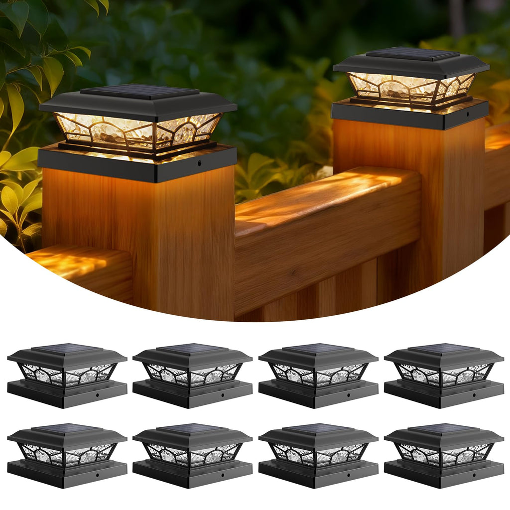 Brightever 4x4 3.5x3.5 Solar Post Cap Lights, 8-Pack Solar Powered Fence Post Light Outdoor Waterproof for Vinyl/Wooden Post, 2 Modes(Warm/Cool Light), Black Solar Deck Post Lights for Patio, Porch