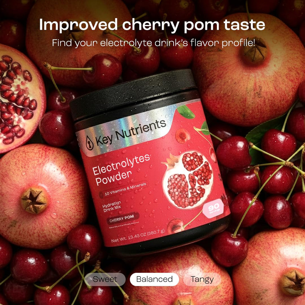 KEY NUTRIENTS Multivitamin Electrolytes Powder No Sugar - Sweet Cherry Pom Electrolyte Powder - Endurance & Energy Supplement - Hydration Powder - No Calories - 90 Servings - Made in USA