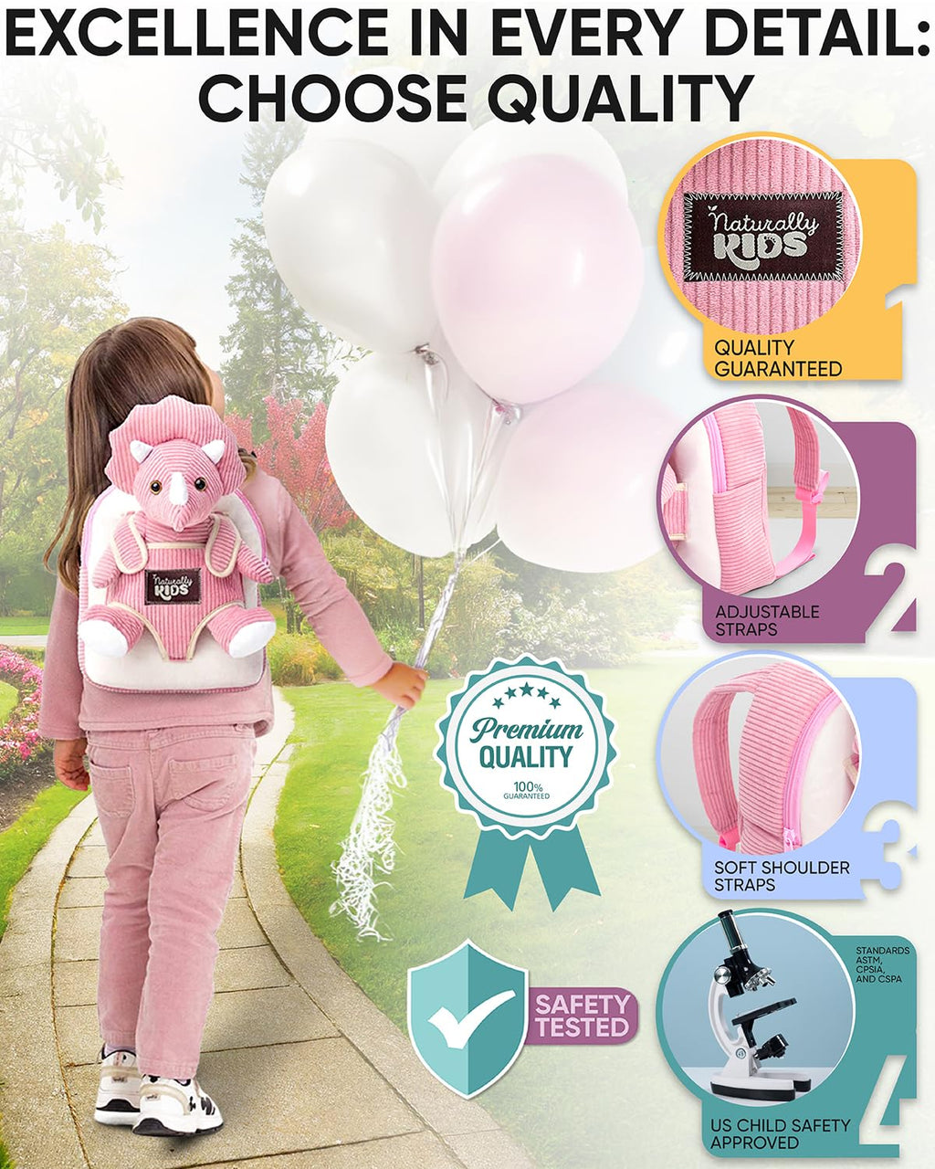 Naturally KIDS Toddler Backpack w. Plush Pink Triceratops Toy Kids Gift 2-5