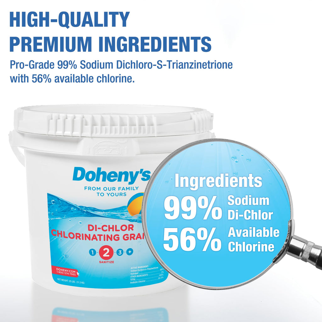 Doheny's Di-Chlor Granular Chlorine | Pro-Grade 3-in-1 Pool Sanitizer, Shock & Algaecide | Fast-Dissolving, Calcium-Free, No Residue | 99.5% Sodium Dichlor with 56% Stabilized Chlorine | 50lb Bucket