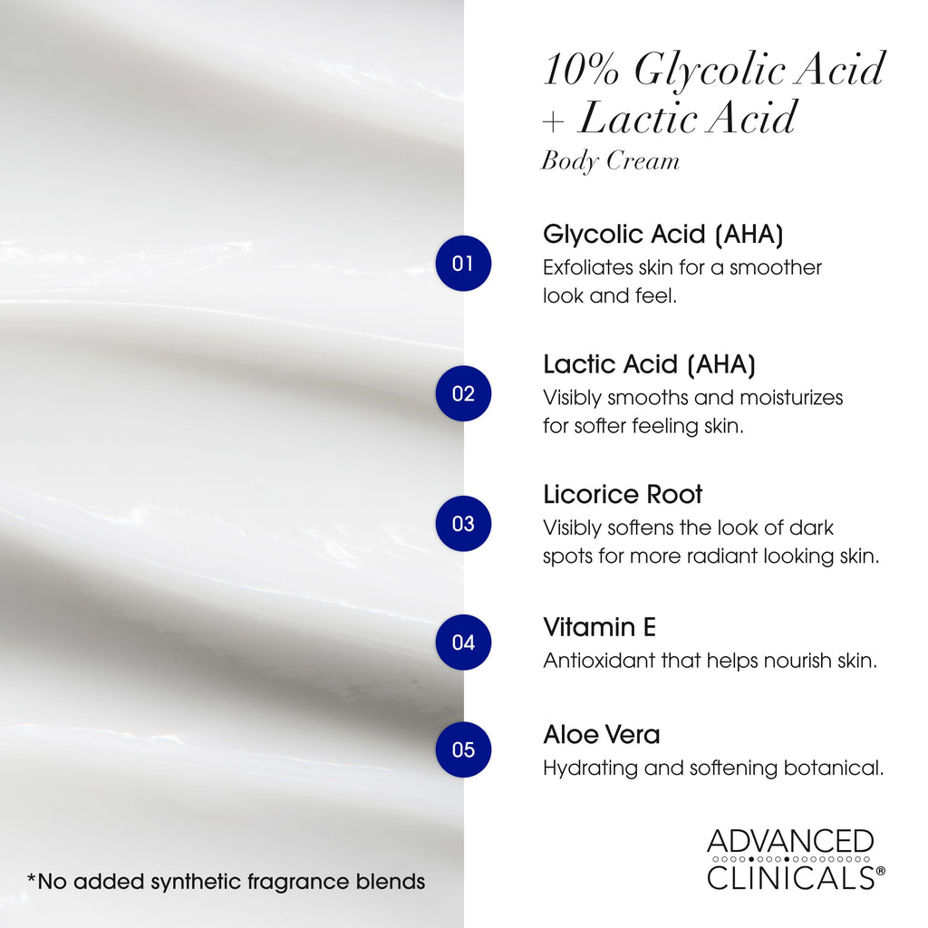 Advanced Clinicals Brightening Vitamin C Body Cream + AHA Exfoliating 10% Glycolic Acid & Lactic Acid Lotion 2PC Skincare Set For Women & Men To Reduce Appearance Of Dark Spots & Uneven Skin Tone