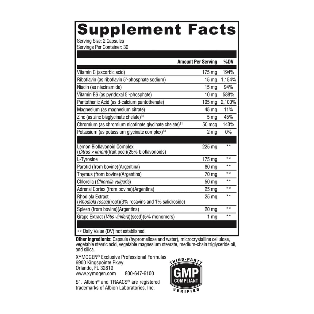XYMOGEN Adrenal Manager - Adrenal Health Supplement for Everyday Stress Support - Argentinian Bovine Tissues - Pantothenic Acid, Vitamin C, Vitamin B6 - Dairy-Free & Gluten-Free - 60 Capsules