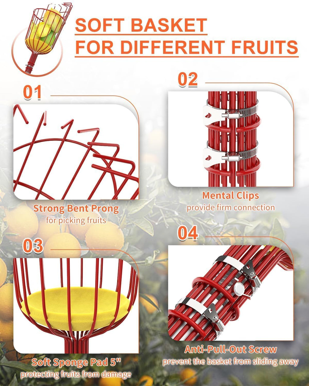 AgiiMan 28 Reach Fruit Picker with Telescopic Extension Pole, 5 to 20 FT Fruit Picker Pole Lightweight and Sturdy Aluminum Telescopic Pole, Easy to Assemble Fruit Picking Basket
