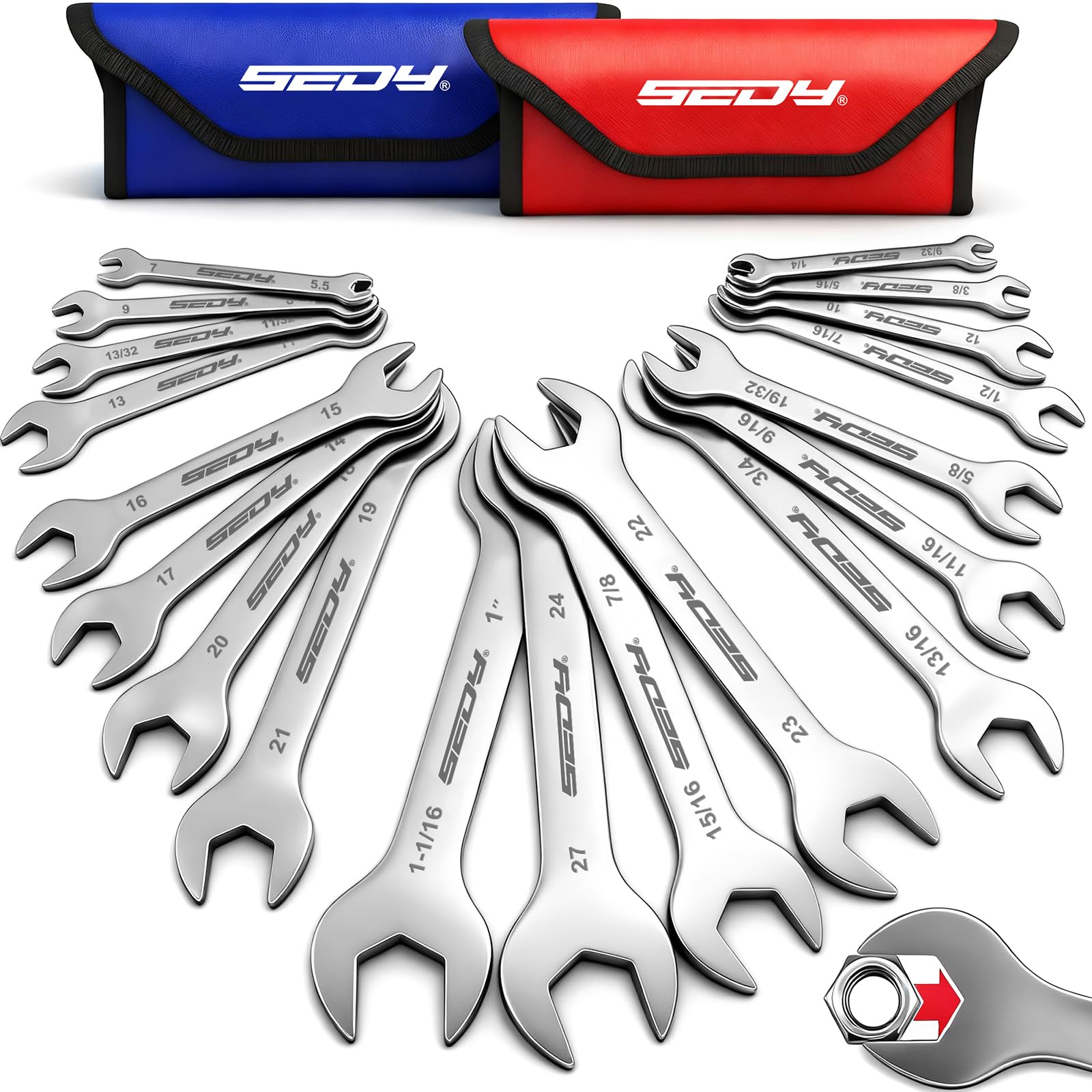 19-Piece Super Thin Open-End Wrench Set, SAE 1/4"-1-1/16" & Metric 5.5–27 mm, 3 mm Thickness Slim Wrench Set for Tight Spaces, Nickel Plated Flat Wrenches with Red & Blue Rolling Storage Pouches
