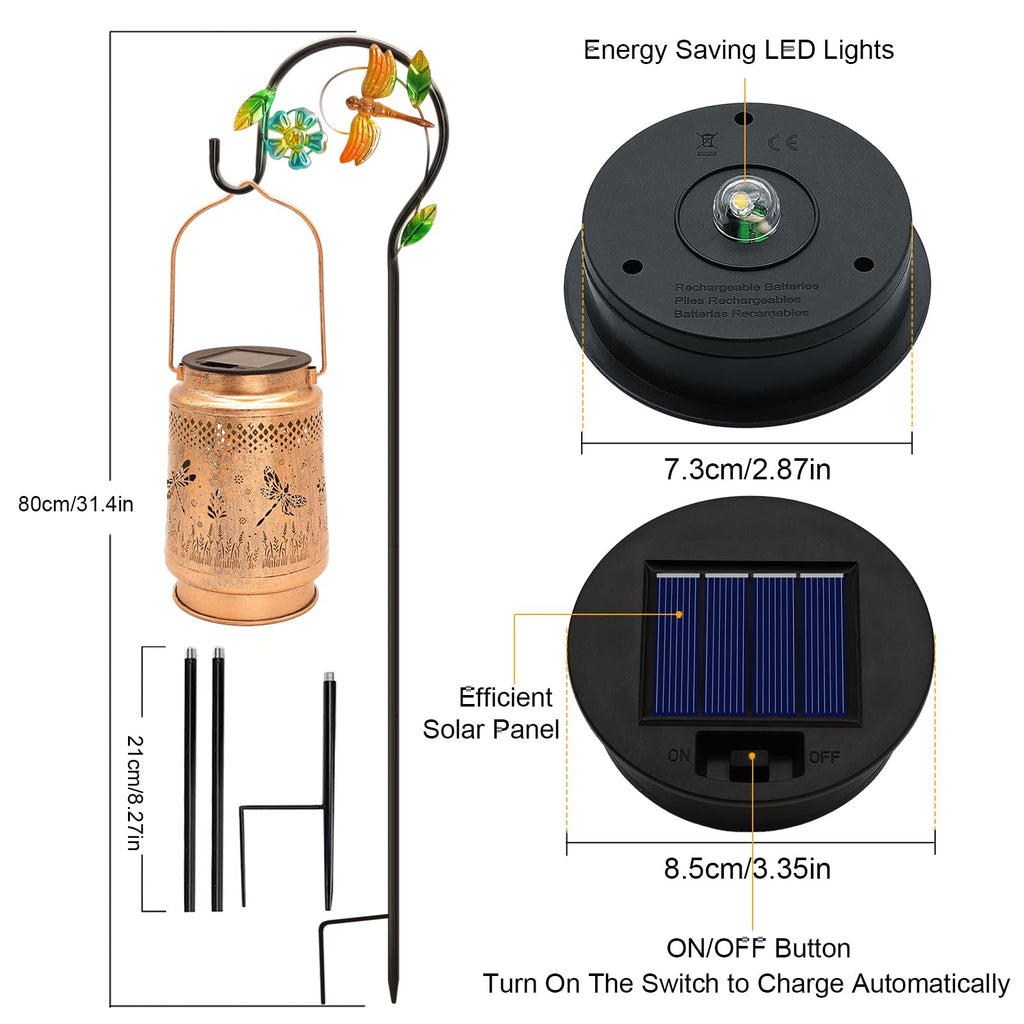 2 Pack Solar Lanterns Outdoor Waterproof Dragonfly Garden Decor, Birthday Gifts for Women Mom Grandma, Hanging Solar Lights Metal LED Decoration with Shepherd Hook Outside for Yard Patio Lawn Porch
