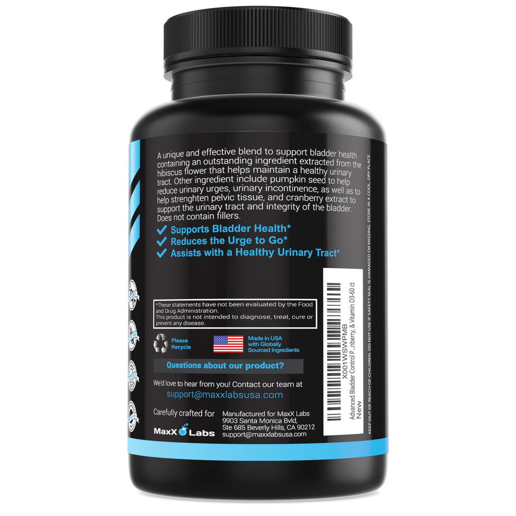 MaxX Labs Advanced Bladder Control Supplements for Women & Men - Supports Urinary Tract Health - Helps Overactive Bladder & Urinary Tract Infection - Cranberry Pills + Pumpkin Seed Oil Extract, 60 Ct
