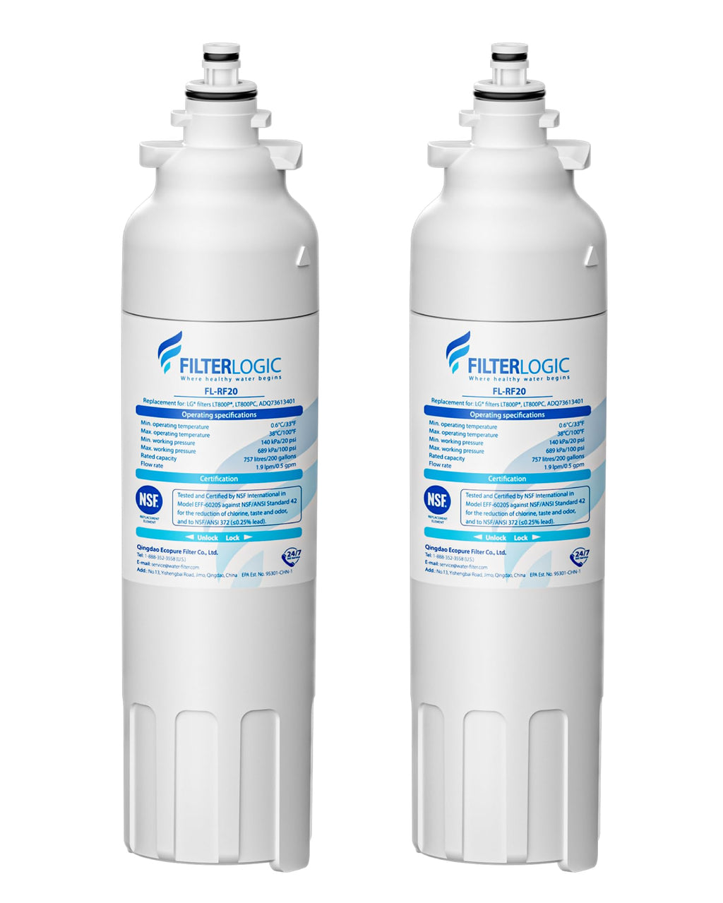 Filterlogic ADQ73613401 Refrigerator Water Filter, Replacement for LG® LT800P®, LT800PC, ADQ736134, ADQ73613402, LSXS26326S, LSXS26366S, LMXS30776S, LSXS26366D, LMXC23746S, 46-9490, 469490, Pack of 2