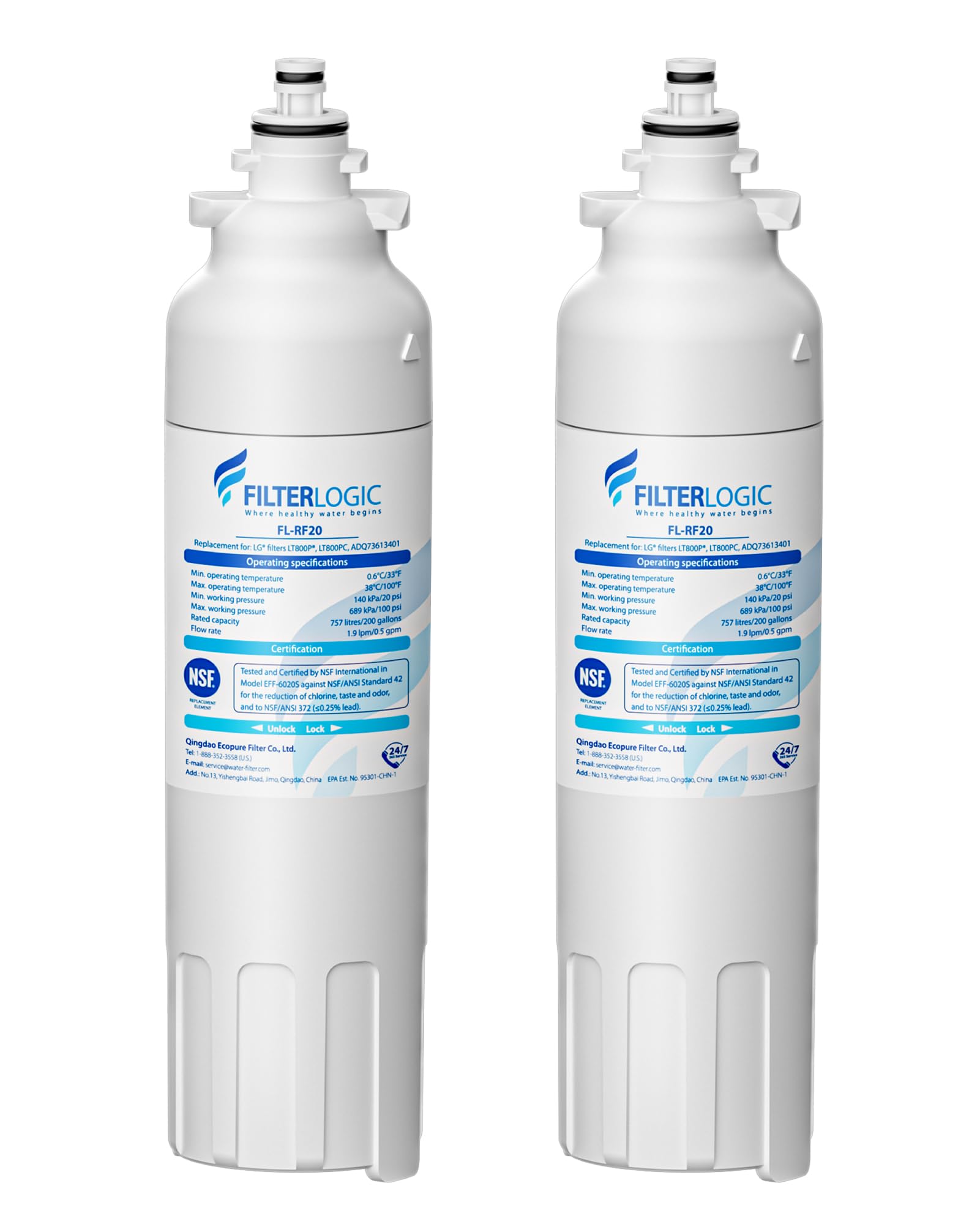 Filterlogic ADQ73613401 Refrigerator Water Filter, Replacement for LG® LT800P®, LT800PC, ADQ736134, ADQ73613402, LSXS26326S, LSXS26366S, LMXS30776S, LSXS26366D, LMXC23746S, 46-9490, 469490, Pack of 2