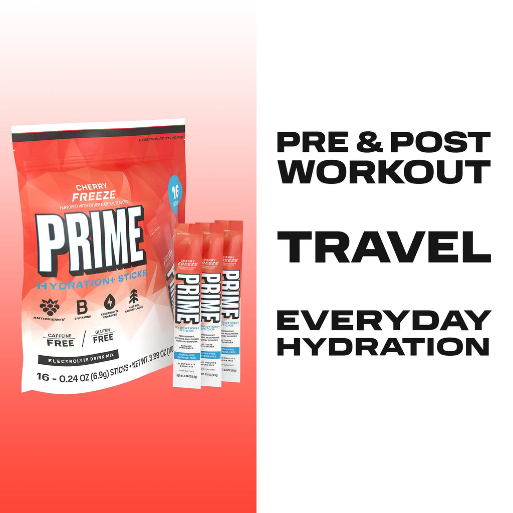 PRIME HYDRATION+ Electrolyte Powder Sticks, Strawberry Banana, Sugar Free Hydration Drink Mix with Potassium, Magnesium & B Vitamins to Replenish Fluids, Caffeine Free, 16 Count