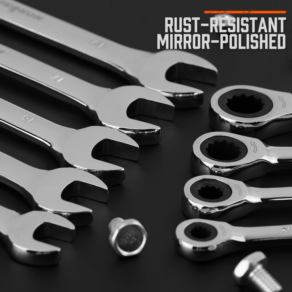 HORUSDY 24-Piece Ratcheting Wrench Set | Metric and SAE | Ratchet Combination Wrenches Set with Organizer | 72-Tooth | Chrome Vanadium Steel | 6-18 mm & 1/4” to 3/4“ (24-Piece)