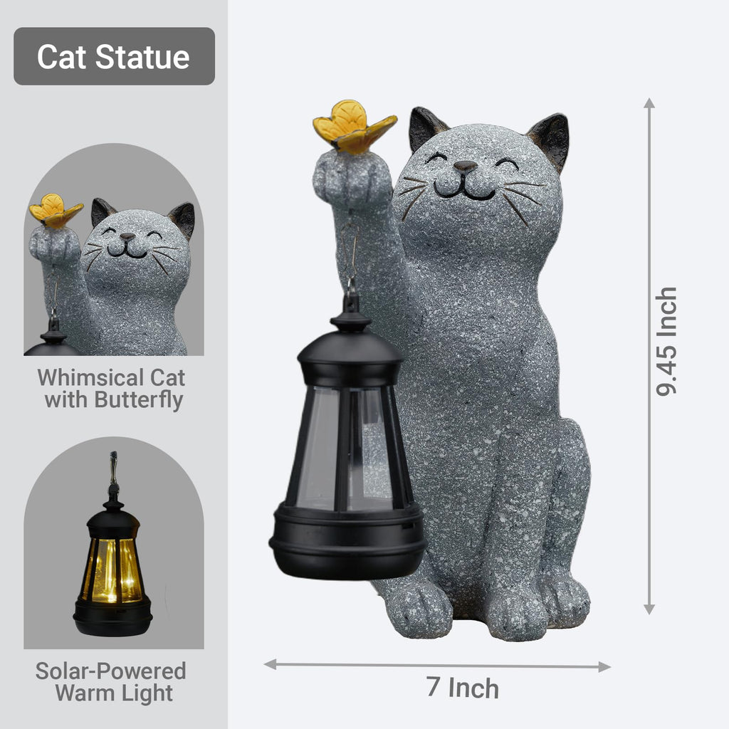 Elegondrar Solar Cat Garden Statue Outdoor Decor, Cat Sculpture with Lantern and Butterfly for Yard Lawn Patio Balcony, Christmas, Birthday Housewarming Gifts for Mom, Grandma, Women, 9.4 inch, Resin
