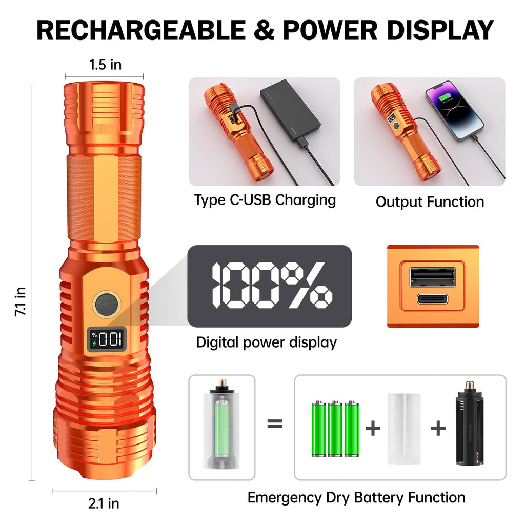 Flashlights High Lumens Rechargeable, 100,000LM LED Super Bright Flash Light, Zoomable Linternas with LCD Digital Display, 5 Mode, Waterproof, Powerful Tactical Flashlight for Emergencies Camping Gift