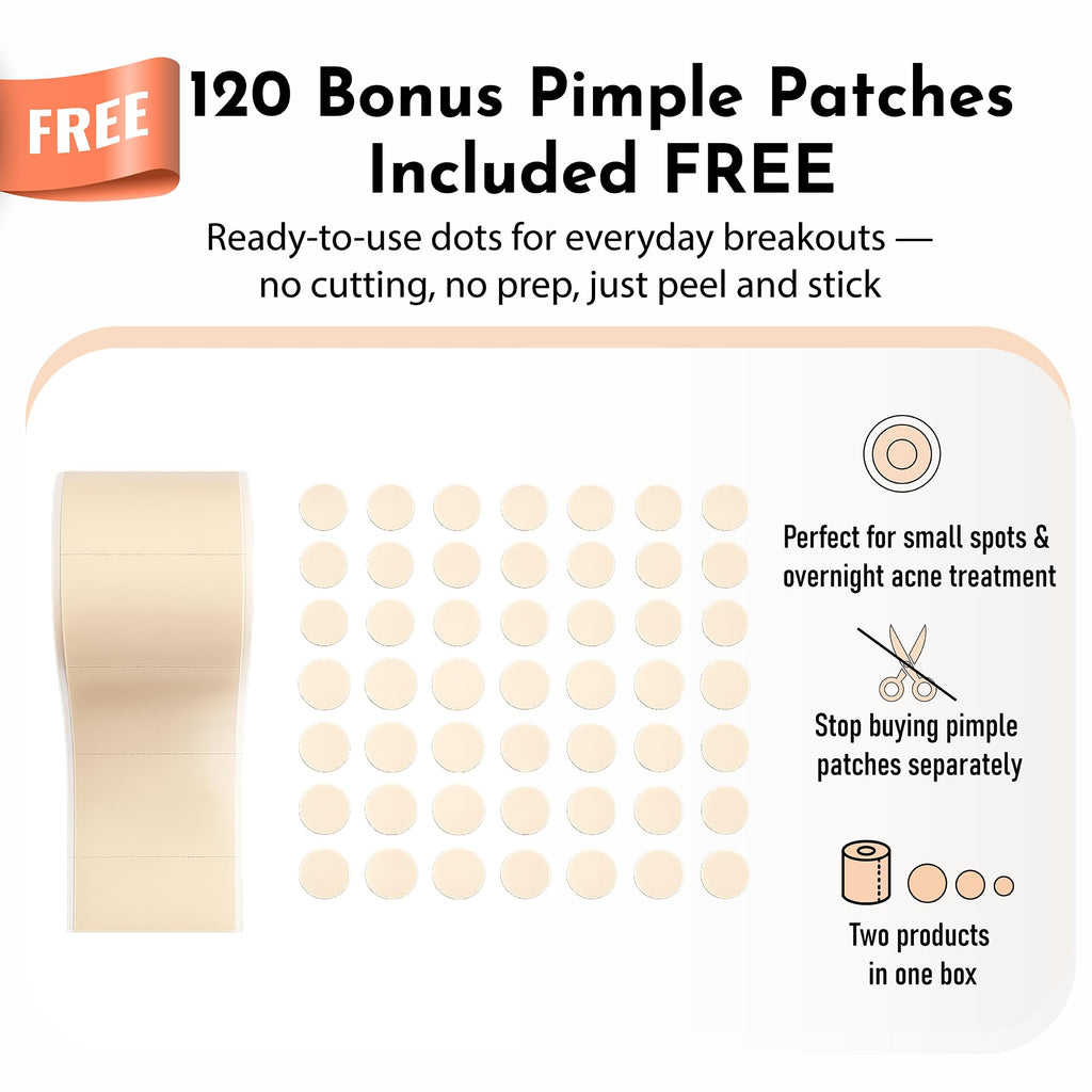 Extra Large Hydrocolloid Roll 2” x 20ft with Easy-Tear Perforations + 120 Precut Pimple Patches – Hydrocolloid Bandage Tape, Ultra Absorbent, Water Proof, Wound Care, Hydrocolloid Dressing