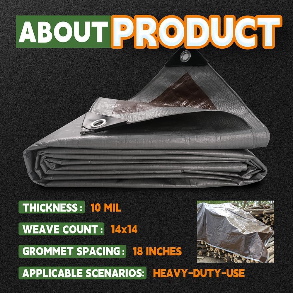 RAINDEWAY 8x10 Feet Tarps Heavy Duty Waterproof,10Mil Thick Multipurpose Poly Tarp Cover with Metal Grommets and Reinforced Edges,Silver/Brown Tarp