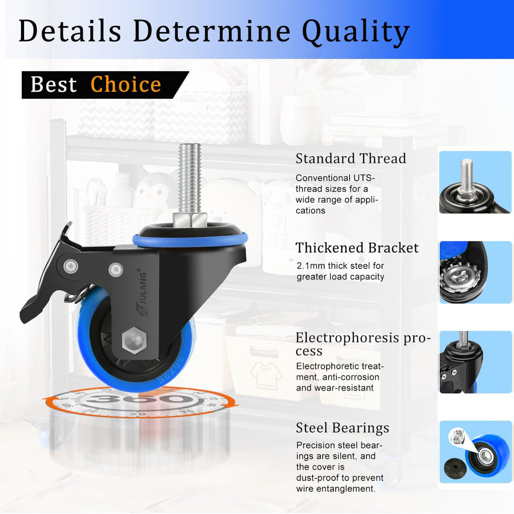 JULANG 2 inch Caster Wheels 5/16" Threaded Stem Casters Set of 4 Heavy Duty, Locking & Stem Mount (UNC 5/16" -18 x1 & Weight Capacity 580 lbs) Casters for Wire Shelving, Carts, Furniture.(Blue)