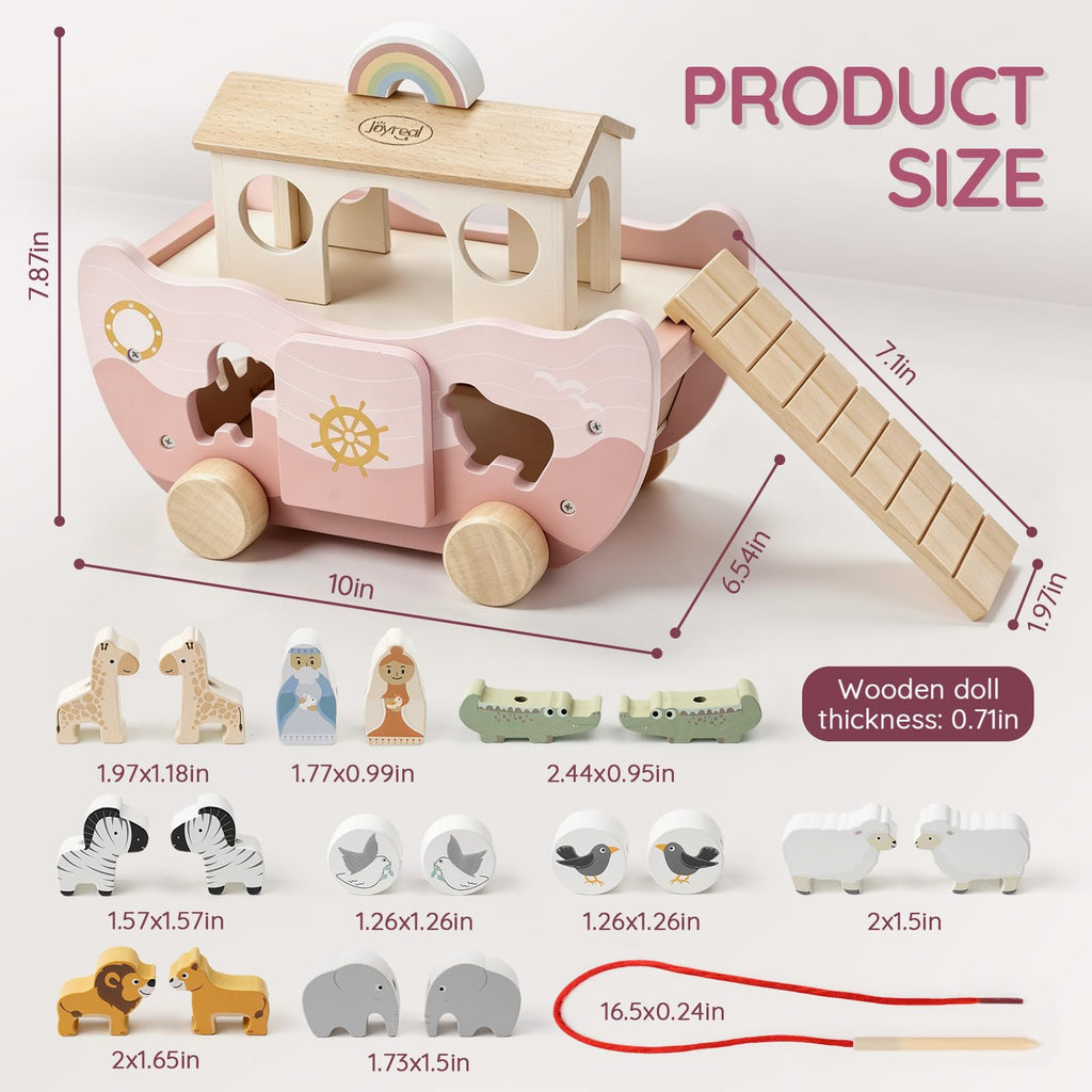 Joyreal Pink Wooden Noah's Ark Toy for 1 Year Old Baby Girl Baptism Gifts