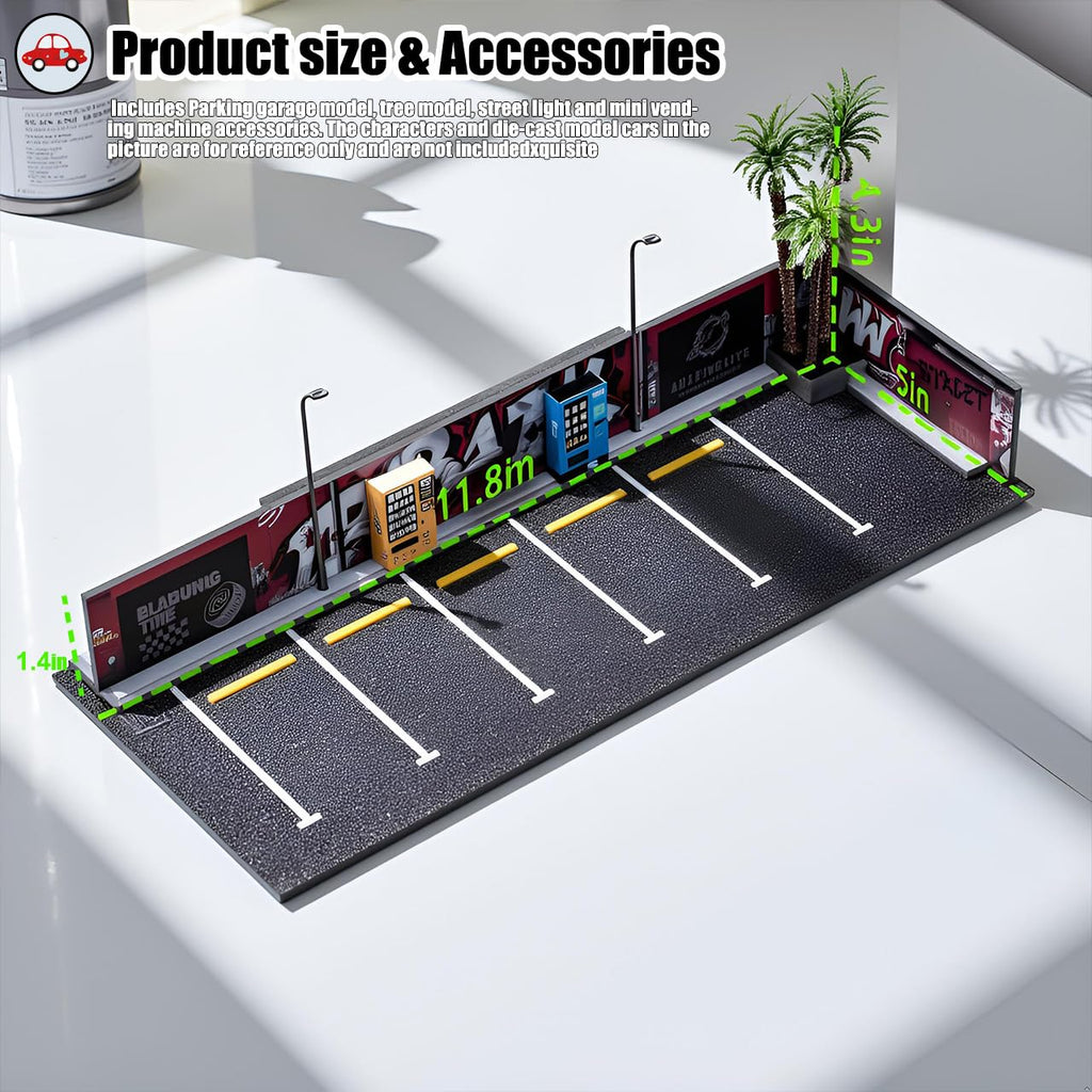 1/64 Diorama Garage, Garage and Display Case for Model Car, Scenic Diorama Display Car Park with 2 LED Street Lamps and 5 Outdoor Parking Spaces (American-Style Garage)