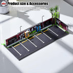 1/64 Diorama Garage, Garage and Display Case for Model Car, Scenic Diorama Display Car Park with 2 LED Street Lamps and 5 Outdoor Parking Spaces (American-Style Garage)
